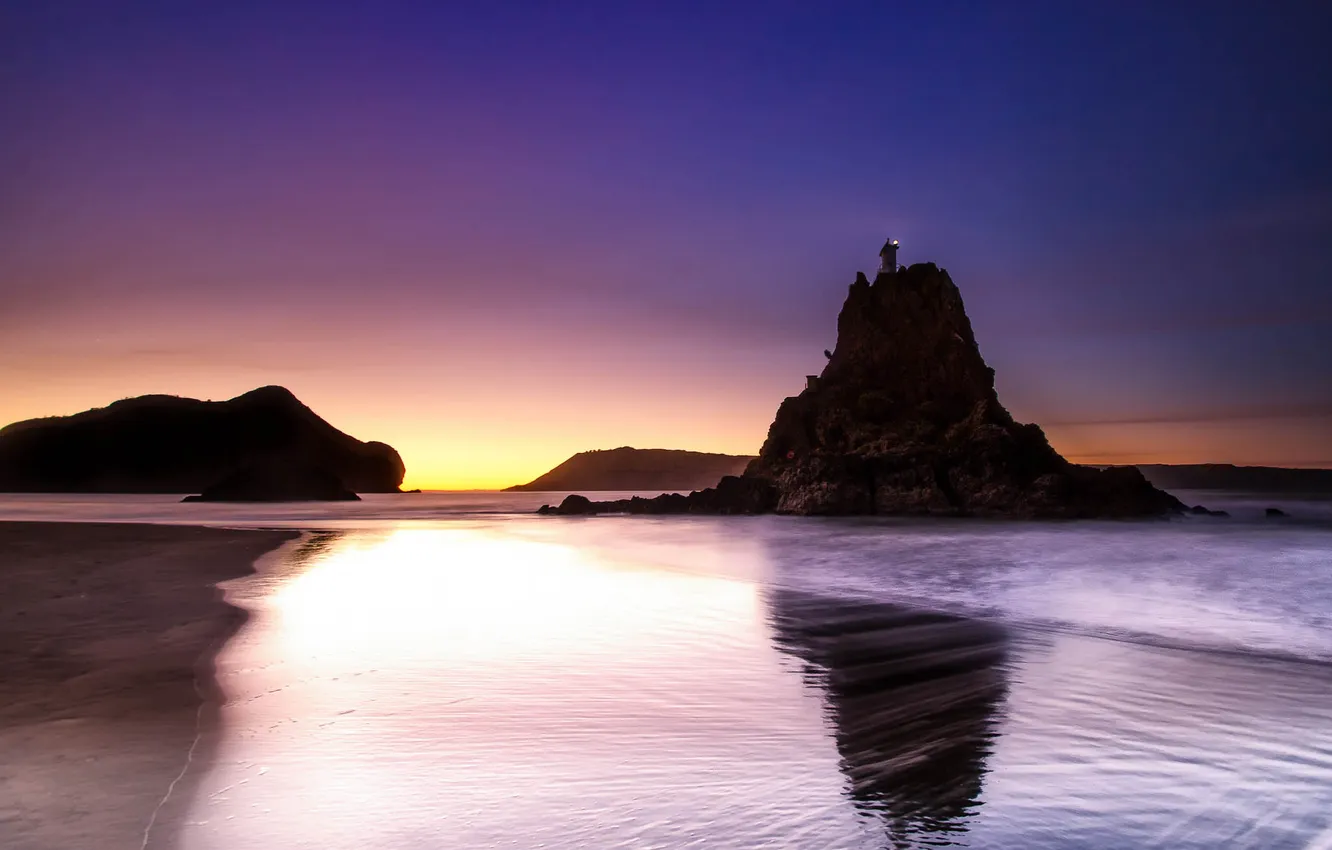 Photo wallpaper beach, rocks, dawn, lighthouse, New Zealand, Auckland, Whatipu