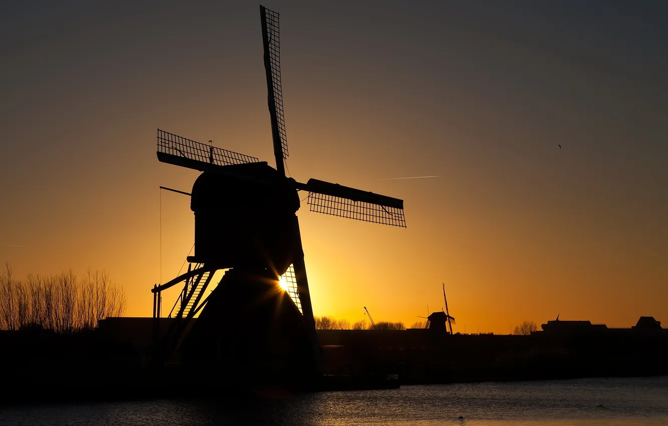 Photo wallpaper landscape, sunset, the evening, mill