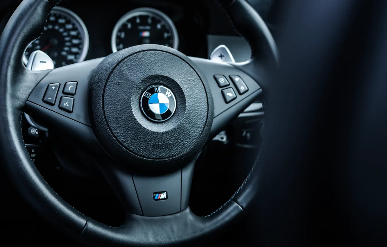 Photo wallpaper BMW, logo, E60, BMW M5, steering wheel, M5