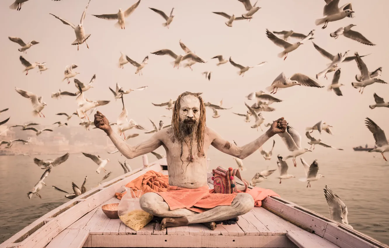 Photo wallpaper bird, boat, people