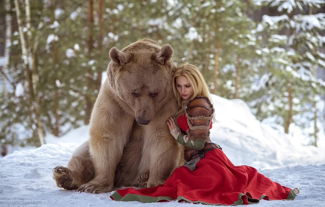 Photo wallpaper winter, forest, girl, nature, pose, bear, Irina Pirogova, Daria Lefler