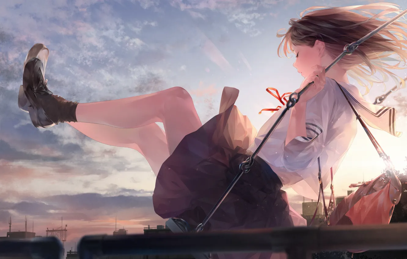Photo wallpaper girl, sunset, swing