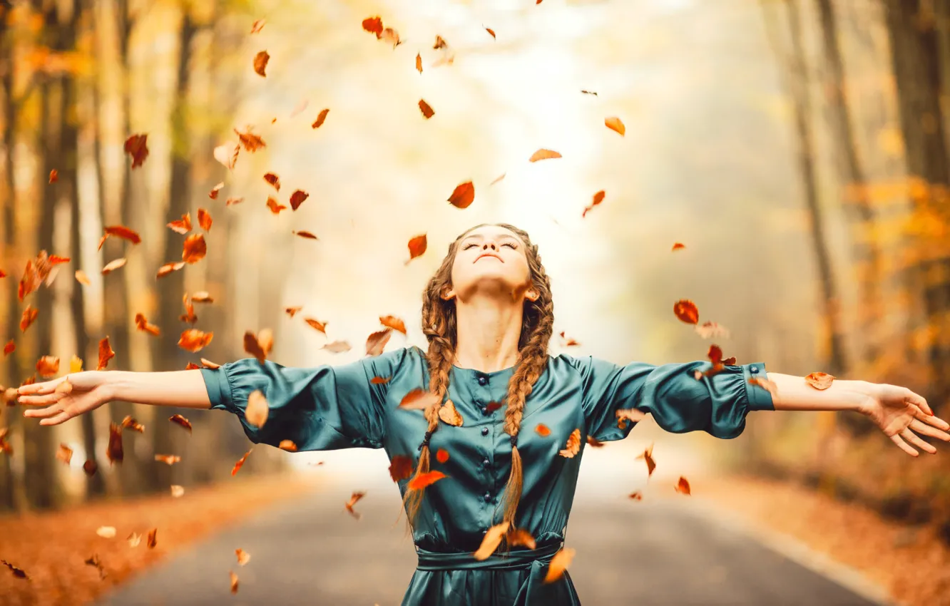 Photo wallpaper road, autumn, girl, foliage, dress