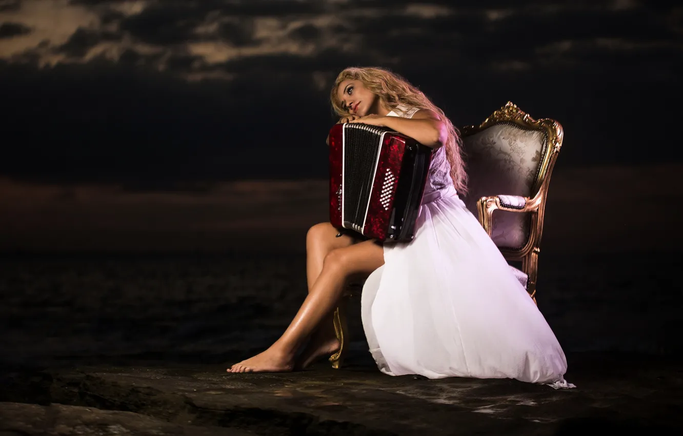 Photo wallpaper girl, mood, chair, dress, accordion