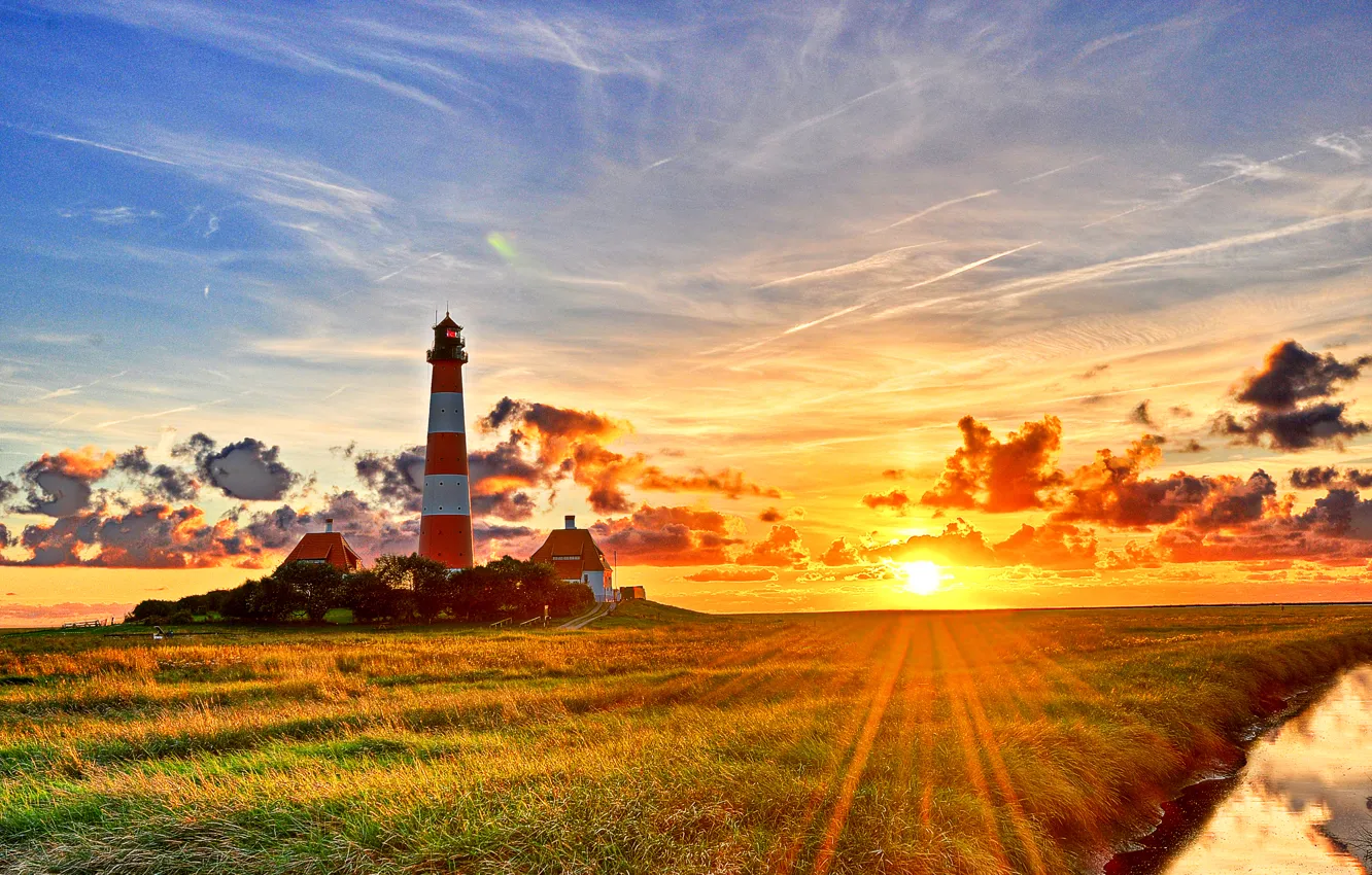 Photo wallpaper field, the sky, grass, the sun, clouds, dawn, lighthouse, Germany
