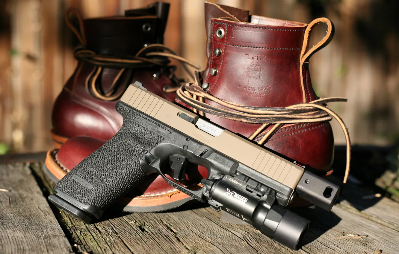 Photo wallpaper gun, weapons, shoes, Glock, self-loading
