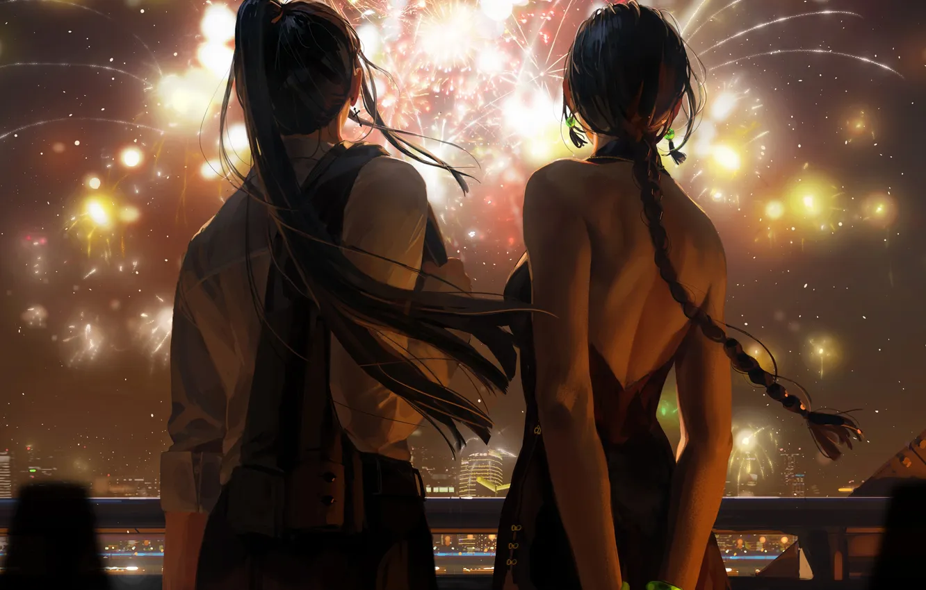Photo wallpaper the sky, girl, night, fireworks, Guweiz