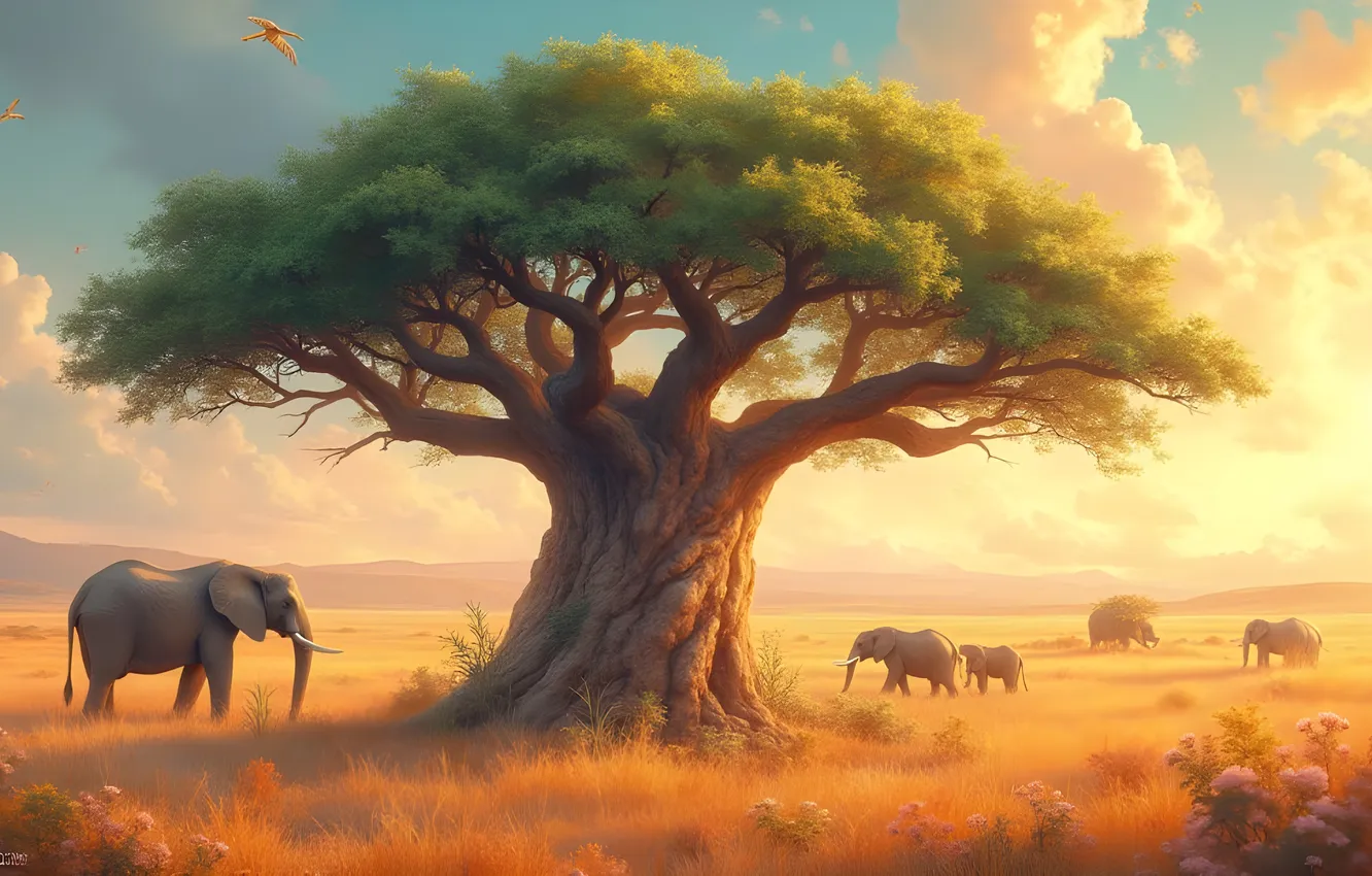 Photo wallpaper field, clouds, light, trees, branch, bird, elephant, morning