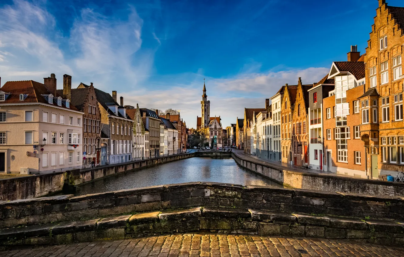 Photo wallpaper bridge, building, channel, Belgium, Belgium, Bruges, Bruges, embankments