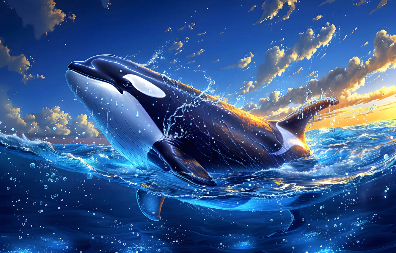 Photo wallpaper sea, clouds, whale, digital art, AI art, The Art of Artificial Intelligence, neural network