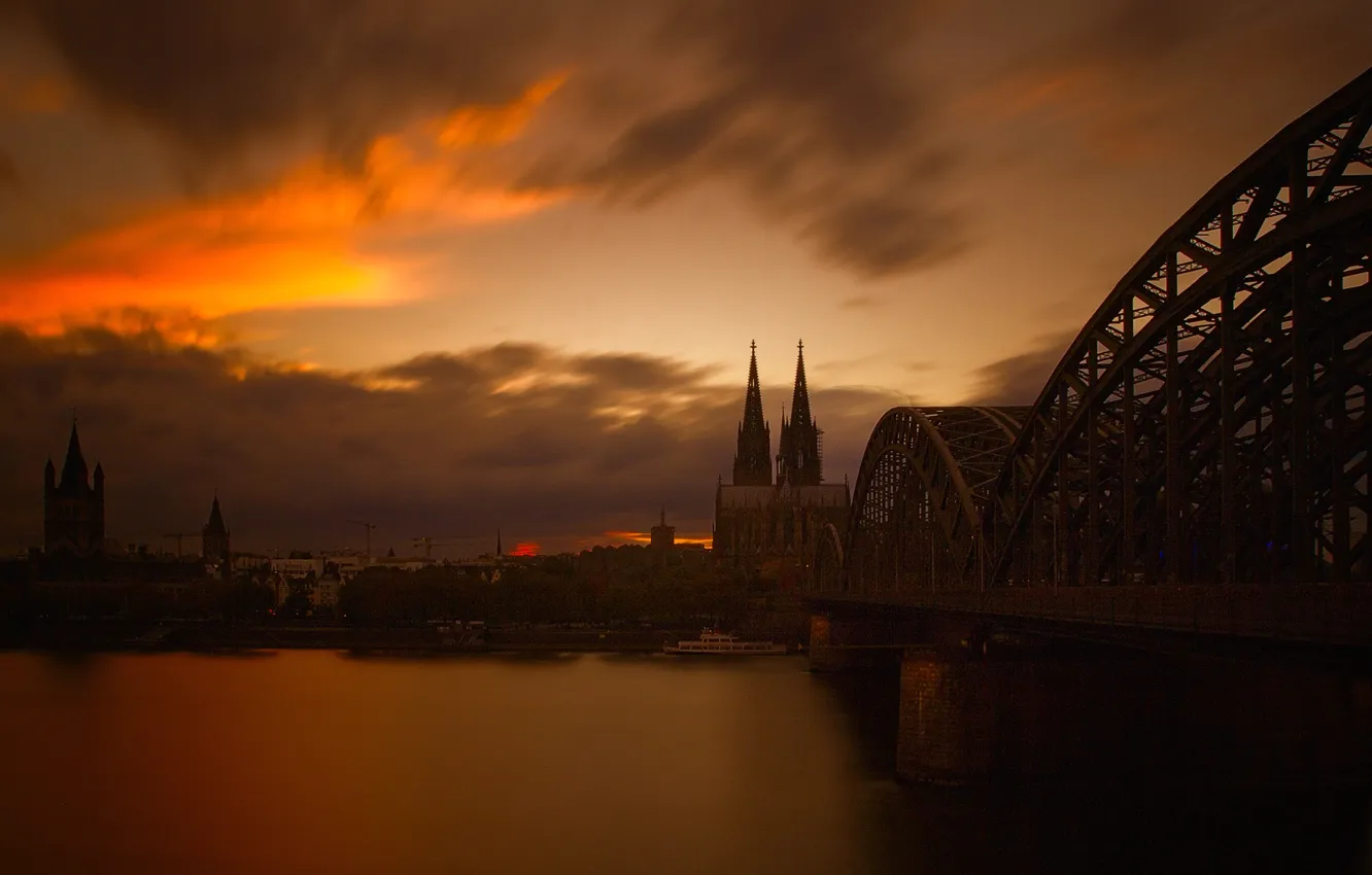 Photo wallpaper the sky, landscape, bridge, river, the evening, Germany, Cathedral, Cologne
