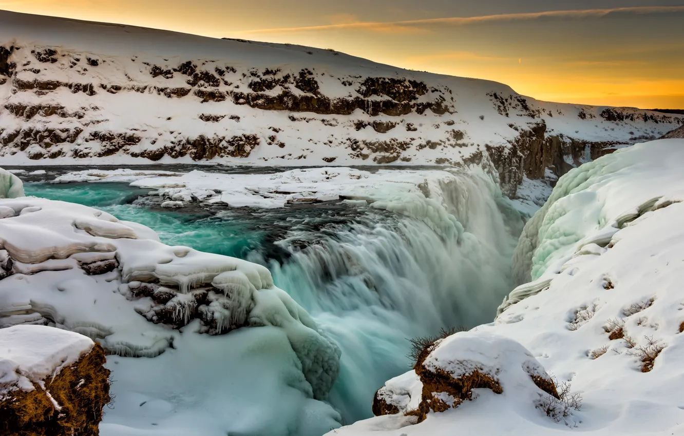 Photo wallpaper cold, winter, the sky, water, snow, landscape, sunset, mountains