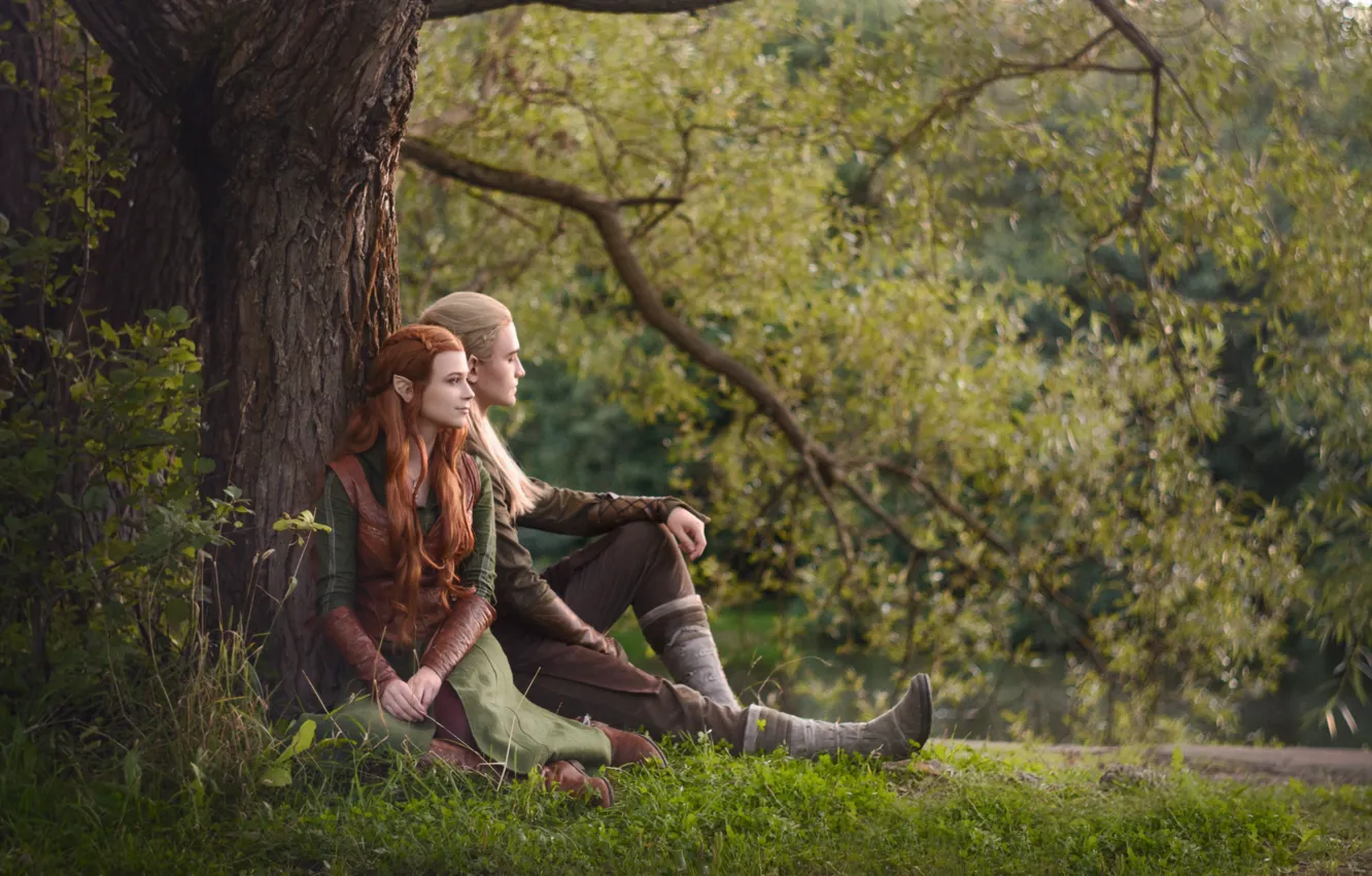 Photo wallpaper grass, trees, elf, fantasy, pair, cosplay, the edge, cosplay