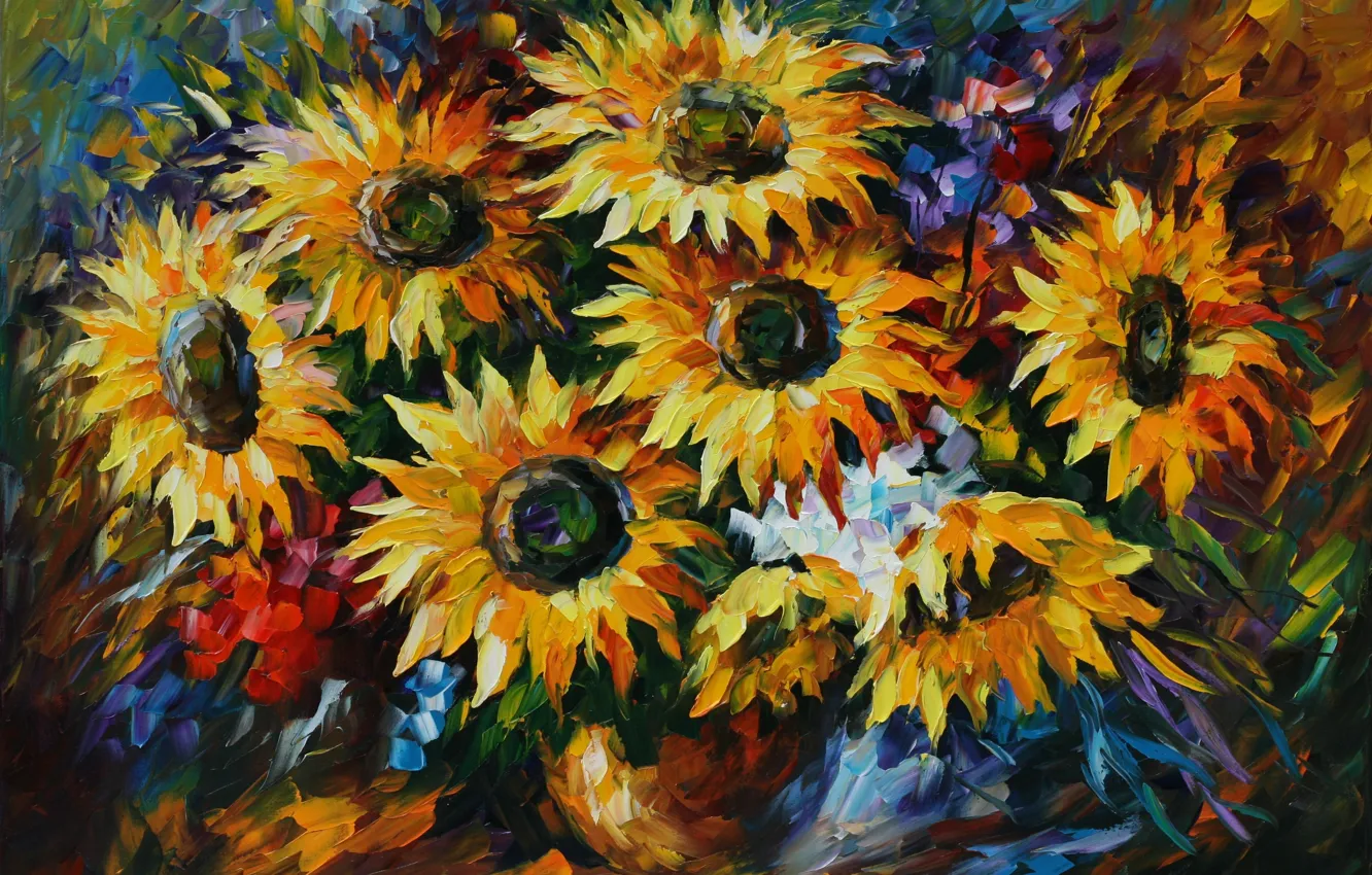 Photo wallpaper sunflowers, flowers, painting, Leonid Afremov
