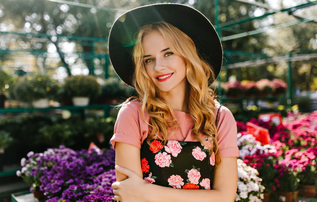 Photo wallpaper summer, girl, joy, flowers, pose, smile, portrait, bouquet