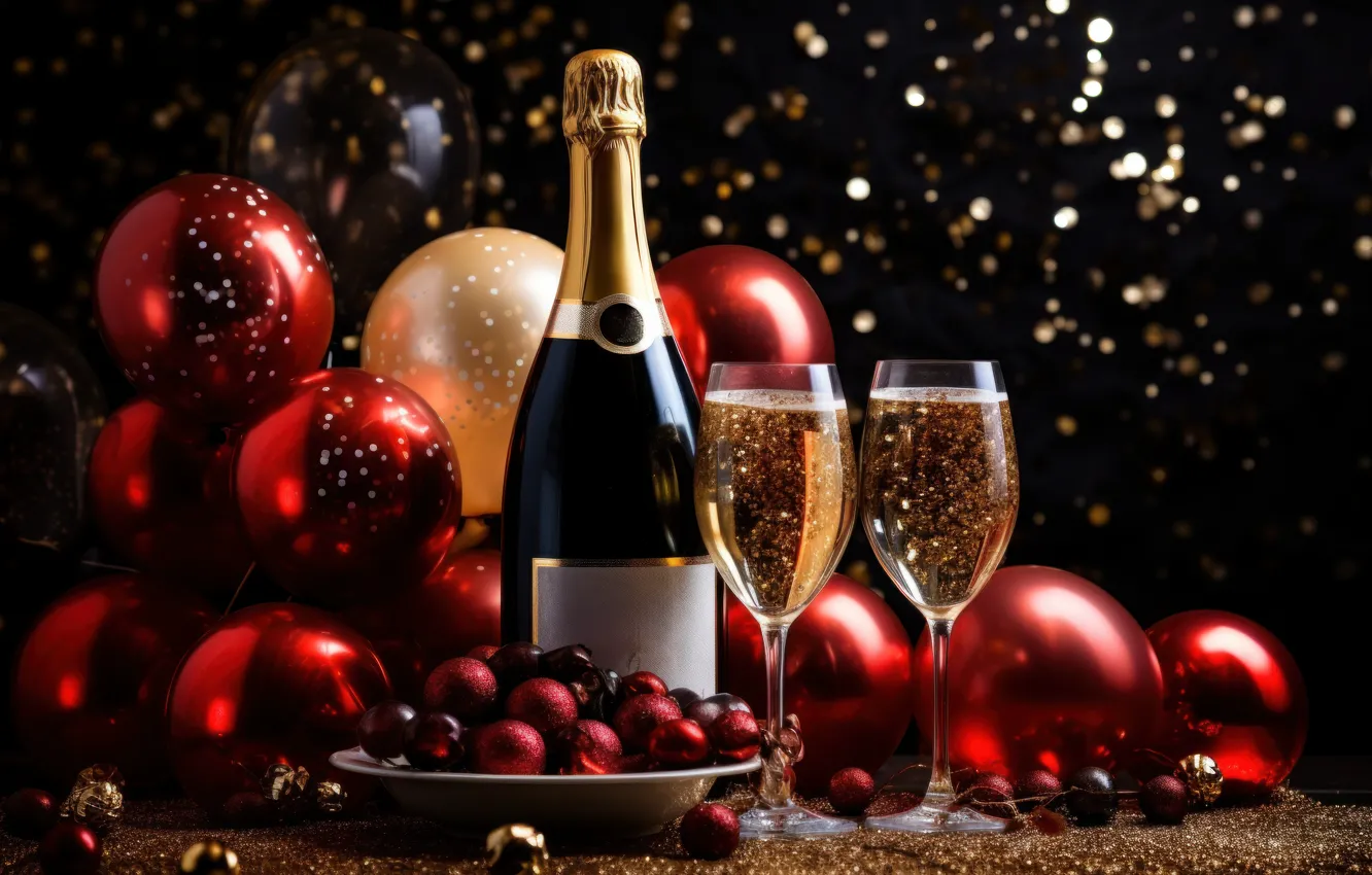 Photo wallpaper balls, lights, holiday, wine, Shine, glass, bottle, new year