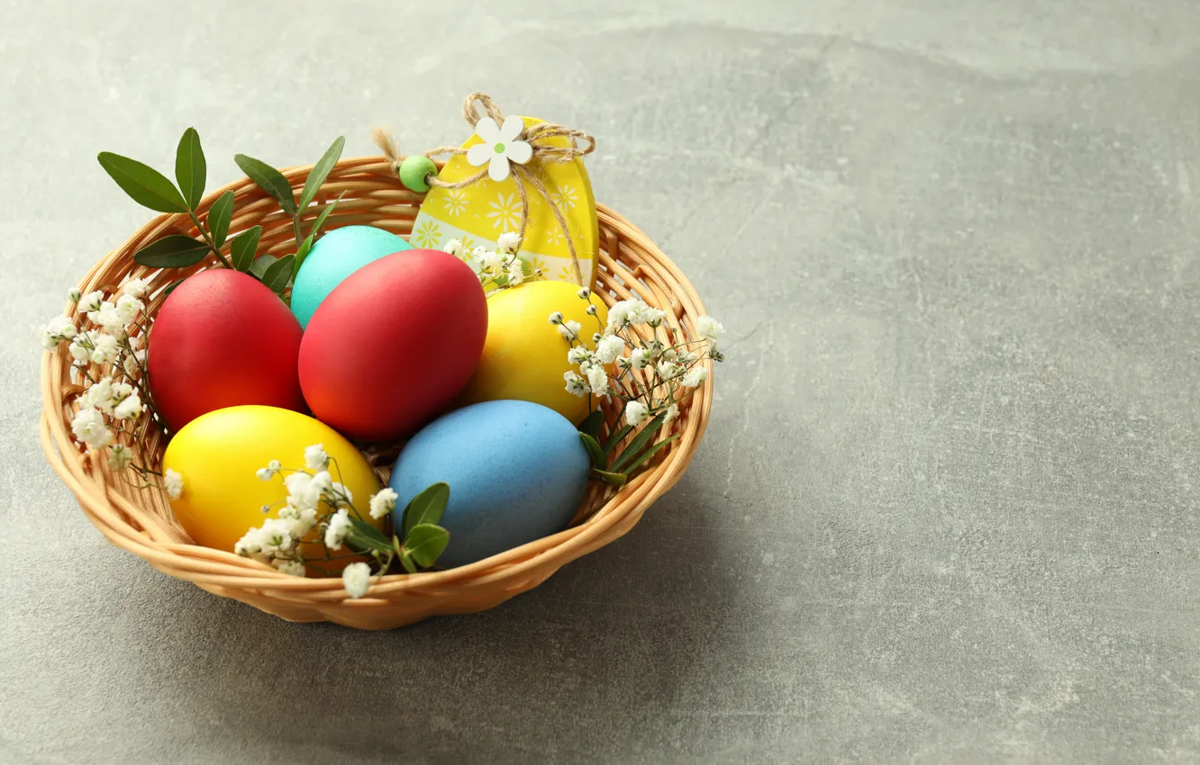 Photo wallpaper flowers, background, eggs, Easter, basket, eggs