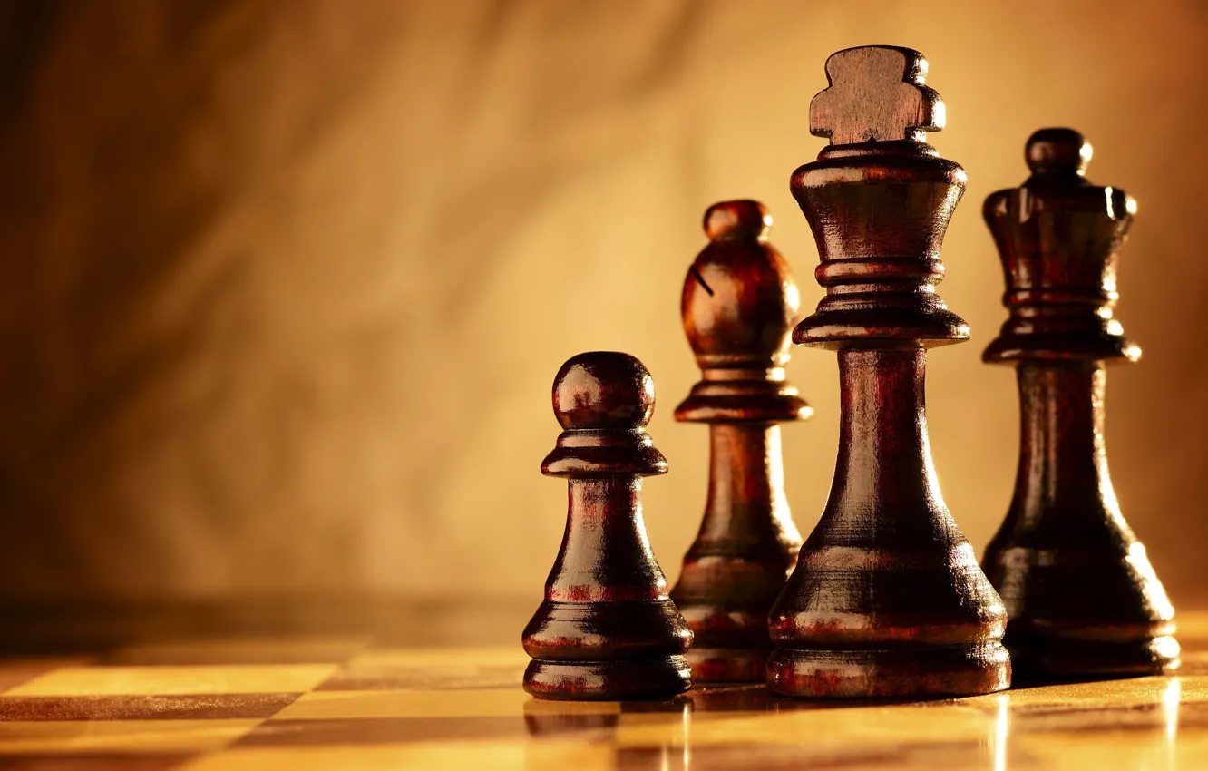 Photo wallpaper Board, blurred background, chess pieces, pieces on a chessboard