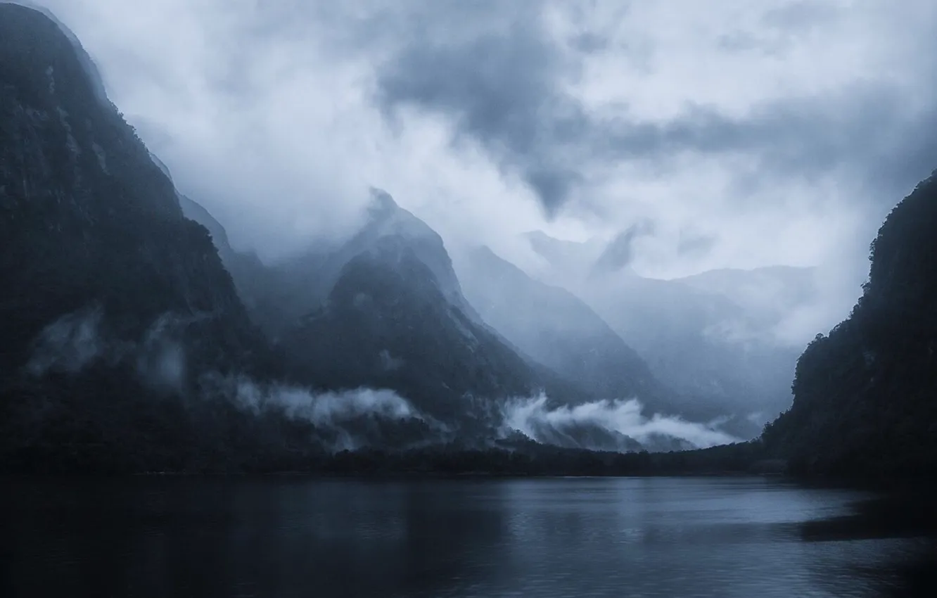 Photo wallpaper sea, the sky, clouds, trees, mountains, nature, fog, the fjord