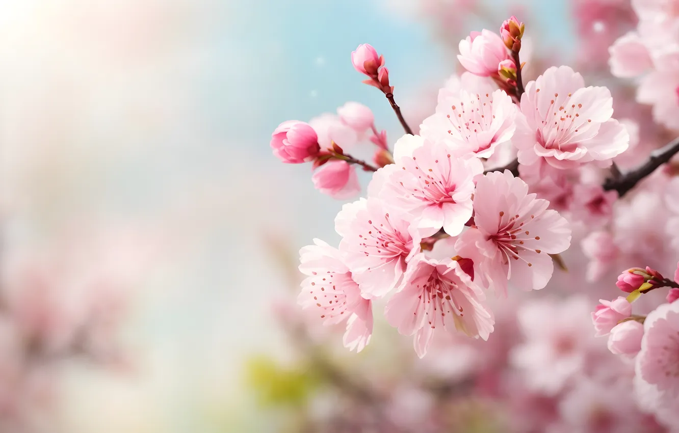 Photo wallpaper flowers, spring, sunshine, flowering, pink, blossom, flowers, cherry