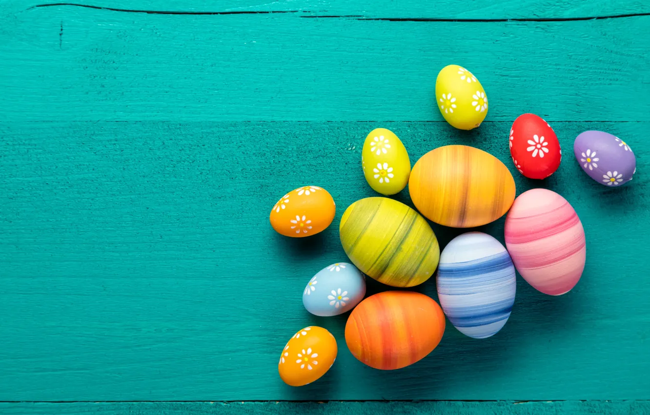 Photo wallpaper spring, colorful, Easter, wood, spring, Easter, eggs, decoration
