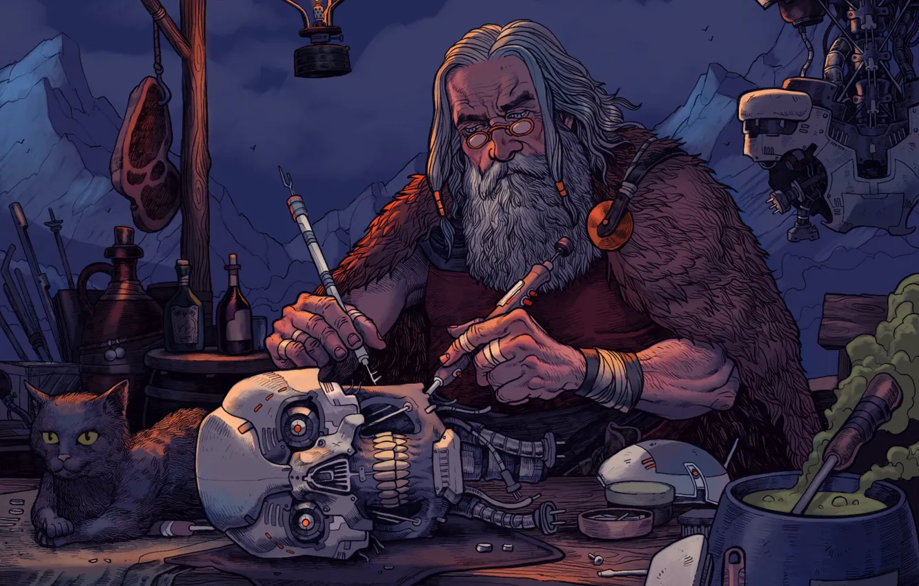 Photo wallpaper cat, style, robot, technique, head, mechanic, art, male