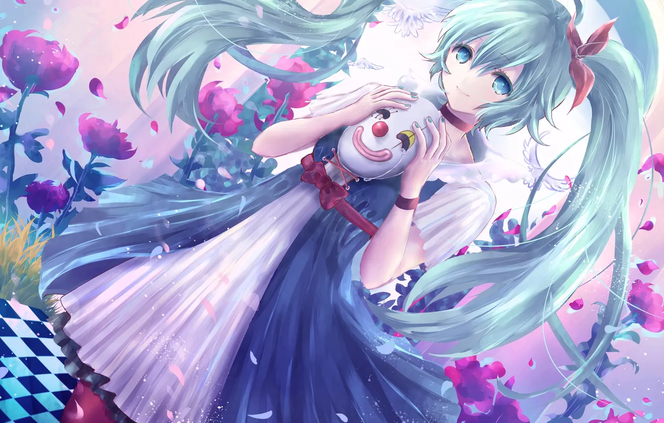 Photo wallpaper girl, flowers, dress, mask, art, vocaloid, hatsune miku, ponytail