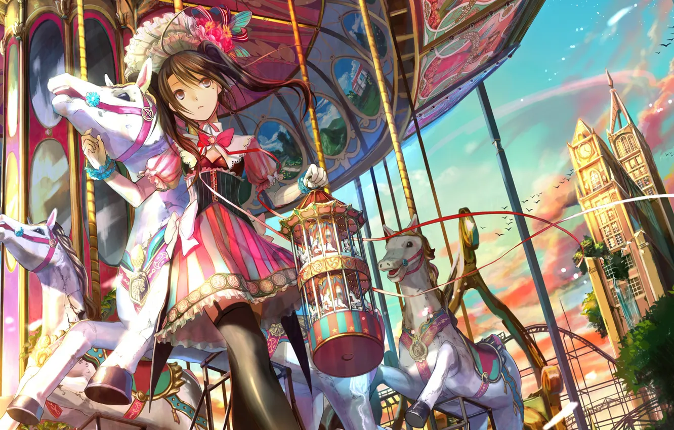 Photo wallpaper the city, horse, hat, cell, girl, tape, carousel, fuji choko