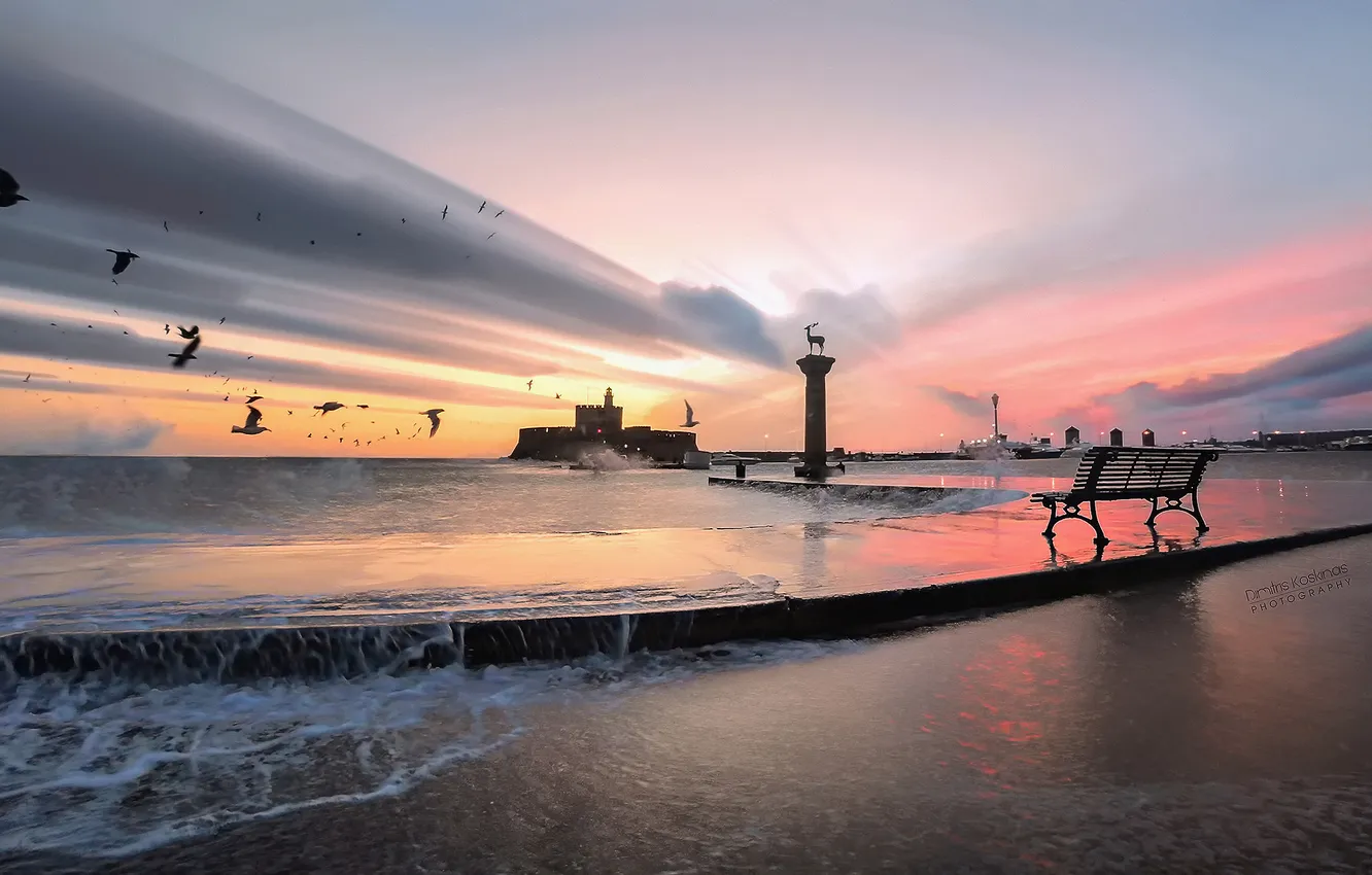 Photo wallpaper sea, clouds, bird, the evening, excerpt, Greece, promenade, Koskinas