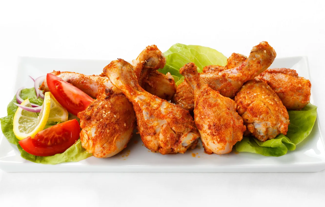 Photo wallpaper chicken, meat, tomatoes, chicken legs