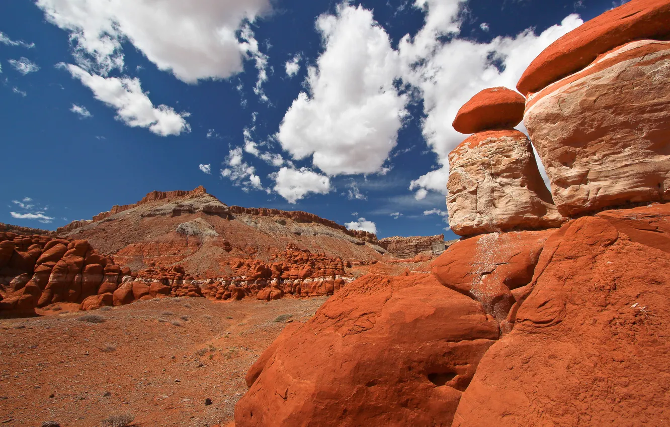 Photo wallpaper the sky, clouds, mountains, stones, rocks