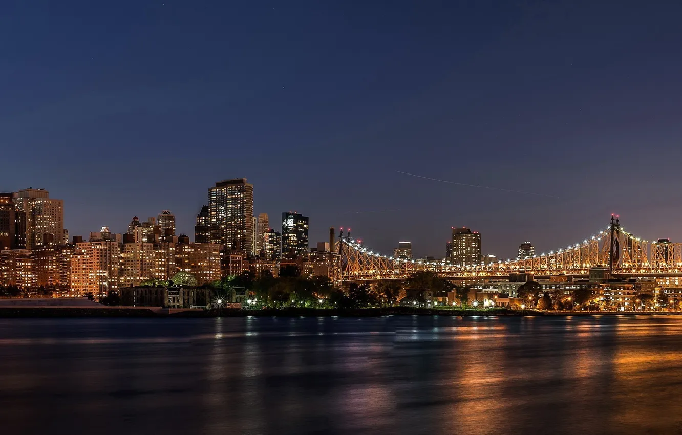 Photo wallpaper night, bridge, the city, lights, New York, USA, America