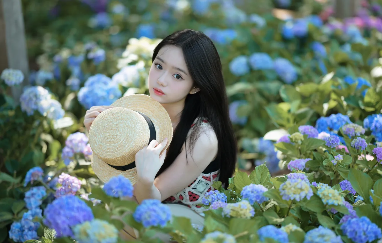 Photo wallpaper Beautiful, Asian, Model, Flowers, Woman, Hat, Cute, Pretty