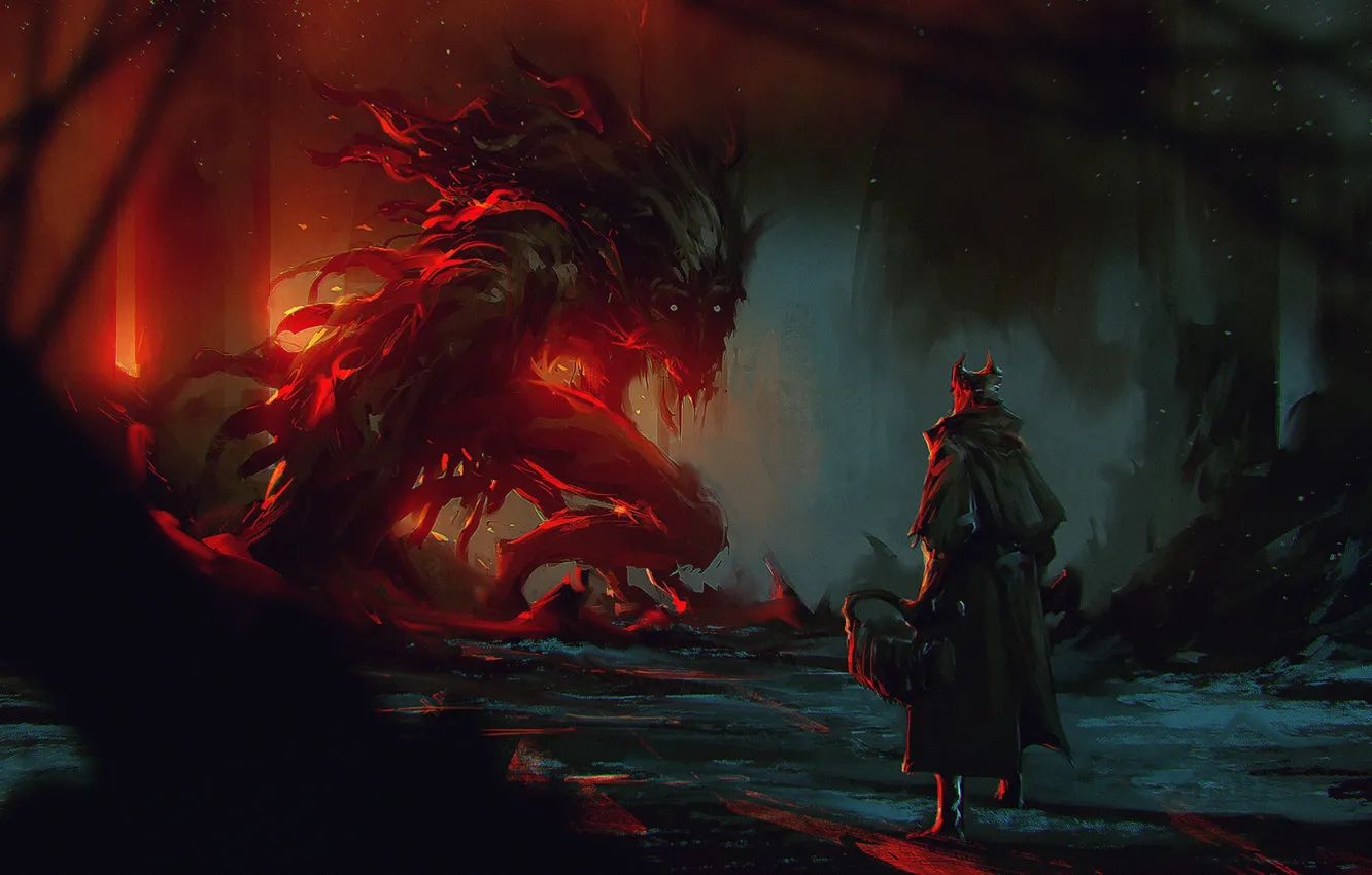 Photo wallpaper forest, night, fiction, people, monster, being, the demon, the devil