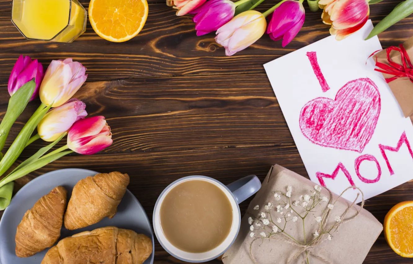 Photo wallpaper flowers, coffee, Breakfast, colorful, tulips, flowers, tulips, coffee cup