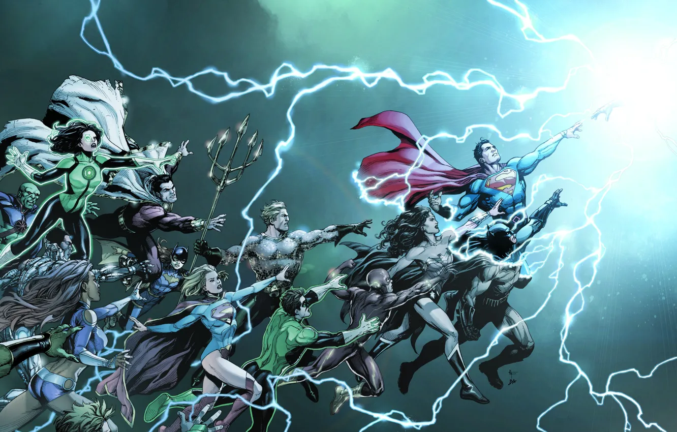 Photo wallpaper fantasy, Wonder Woman, Batman, lightning, art, comics, Green Lantern, Superman