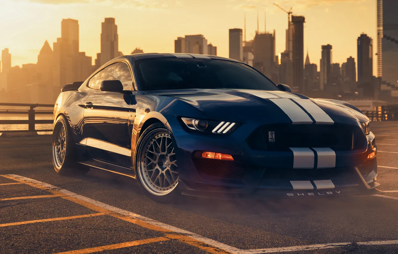Photo wallpaper city, Ford, Shelby, Ford Mustang, blue cars, glare, muscle cars, parking lot