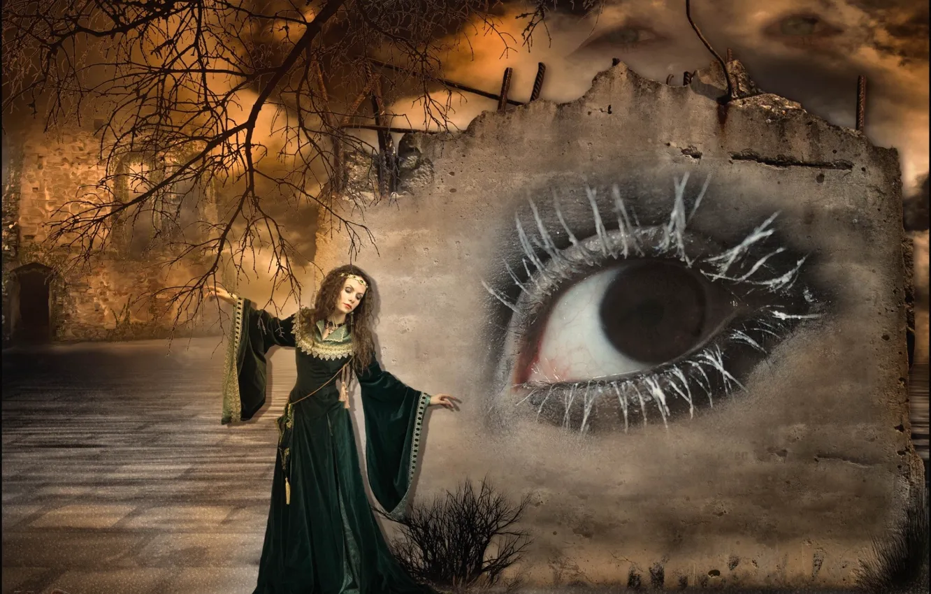 Photo wallpaper eyes, girl, wall, photoart