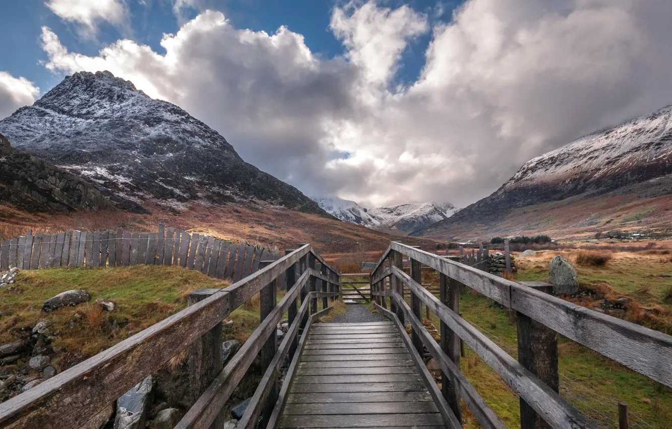 Photo wallpaper the sky, mountains, bridge