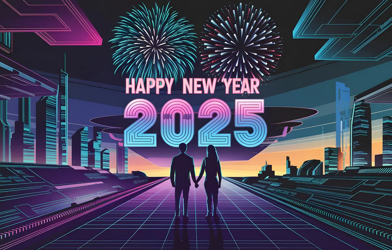 Photo wallpaper holiday, new year, couple, New Year, Cyberpunk, celebrations, Dystopian, Neon city