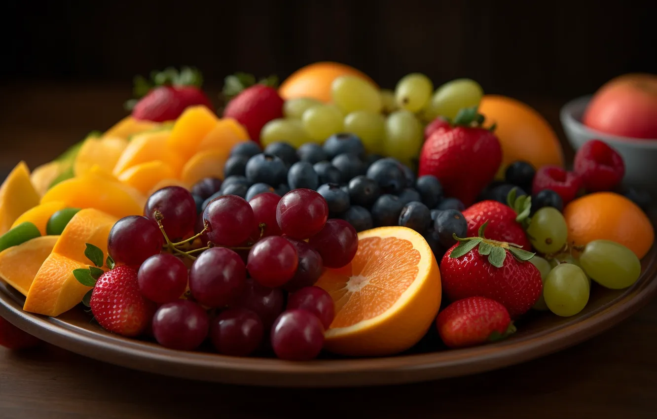 Photo wallpaper macro, light, berries, the dark background, table, orange, food, kiwi