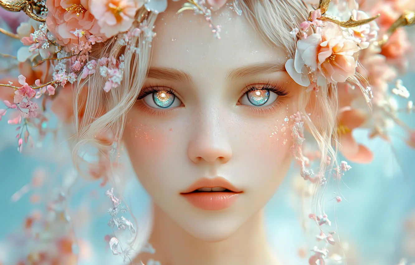 Photo wallpaper neural network, girl, look, portrait, flowers, fairy, lights, AI art