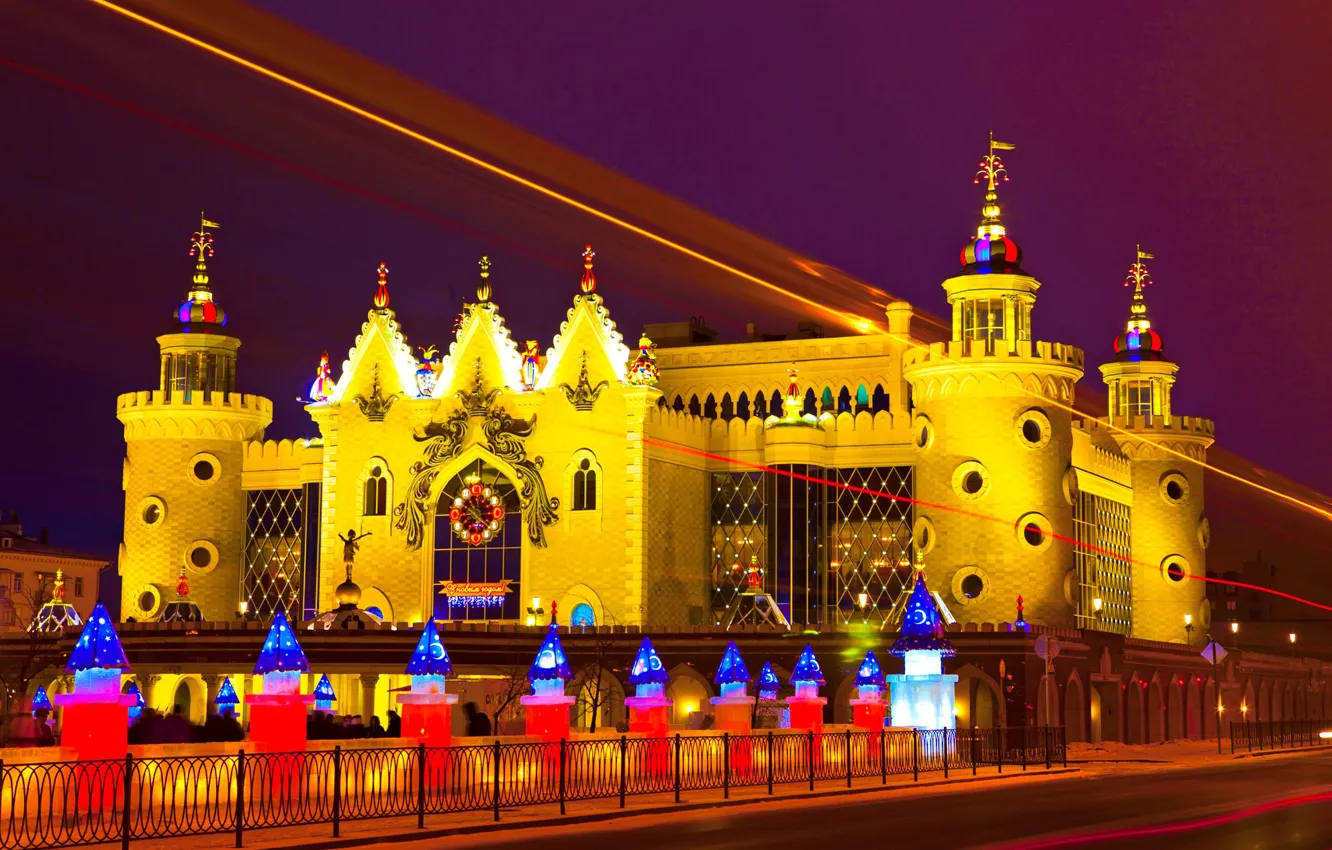 Photo wallpaper movement, castle, building, beauty, tale, backlight, night city, miracle