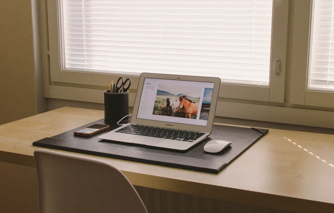 Photo wallpaper table, place, mouse, window, working, macbook, MacBook