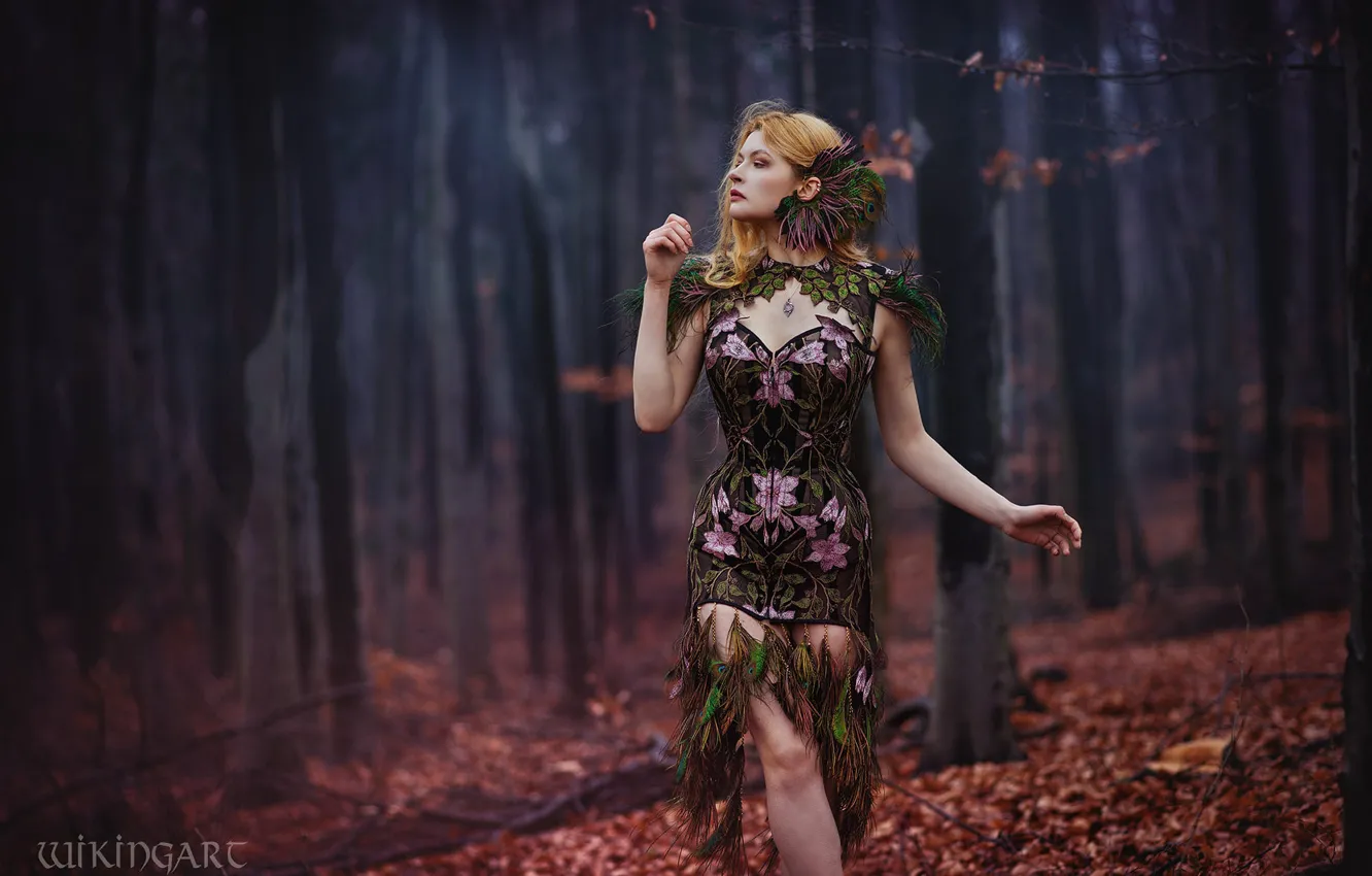 Photo wallpaper autumn, forest, girl, trees, flowers, nature, pose, style