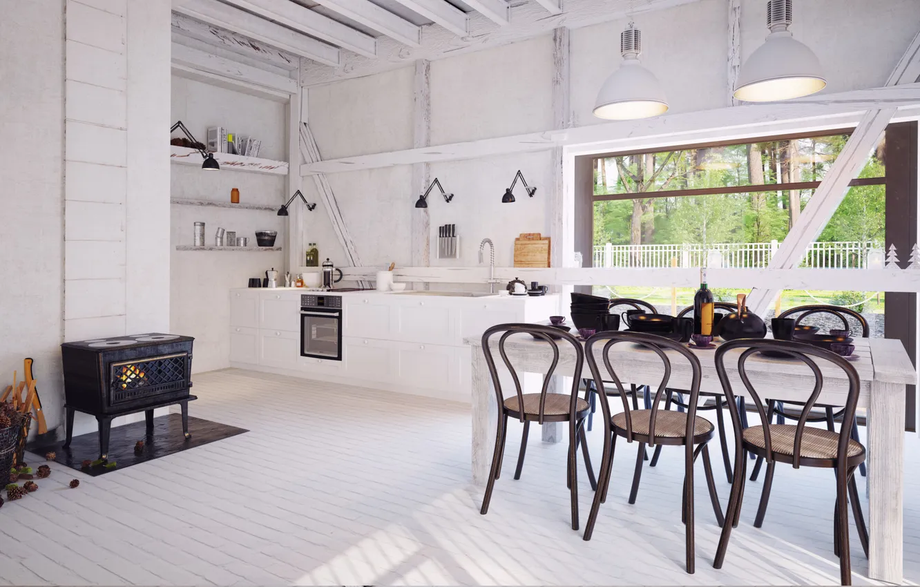 Photo wallpaper design, style, interior, kitchen, fireplace, dining room, country house, dining area