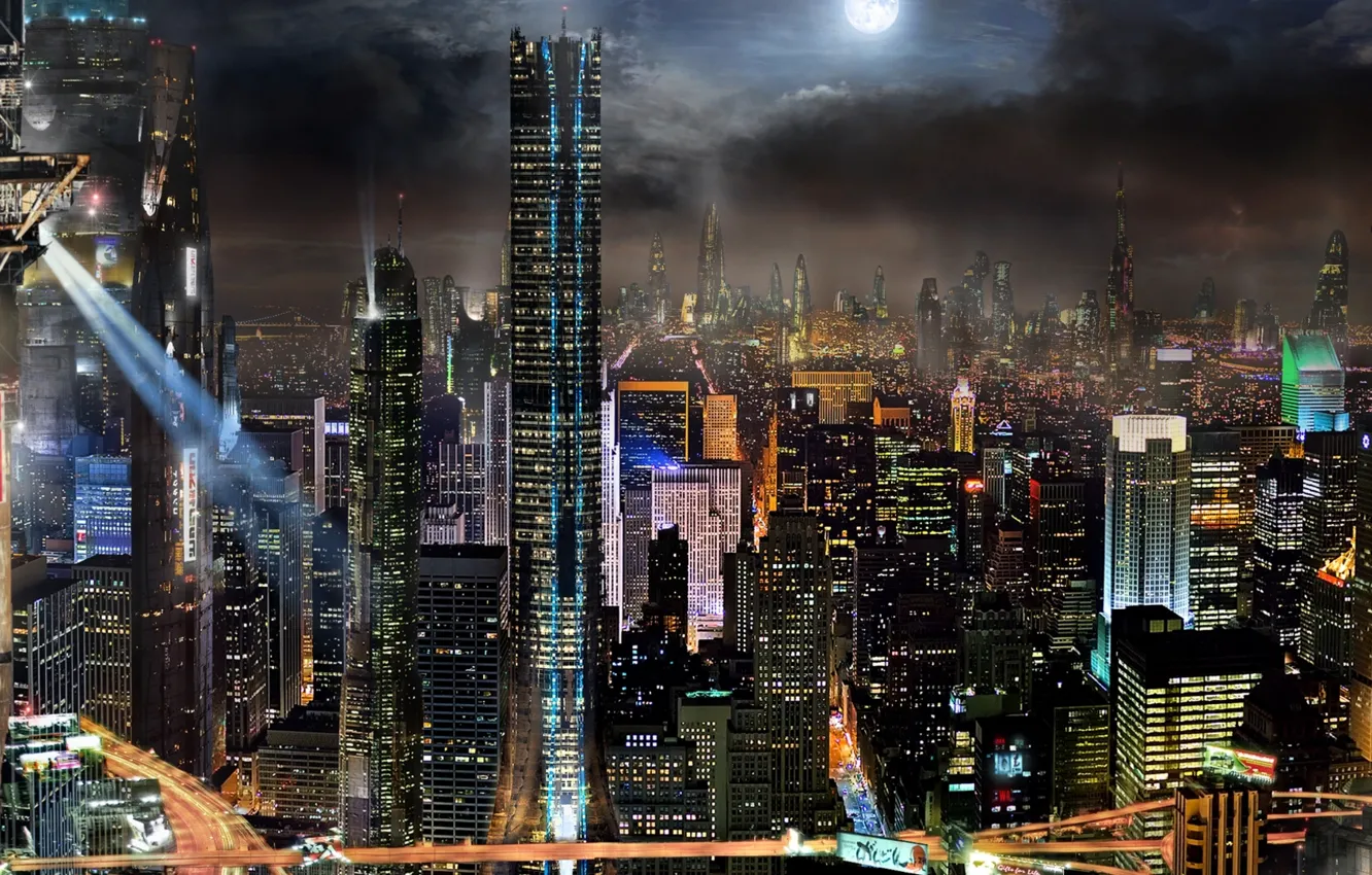 Photo wallpaper advertising, panorama, night city, skyscrapers, floodlight