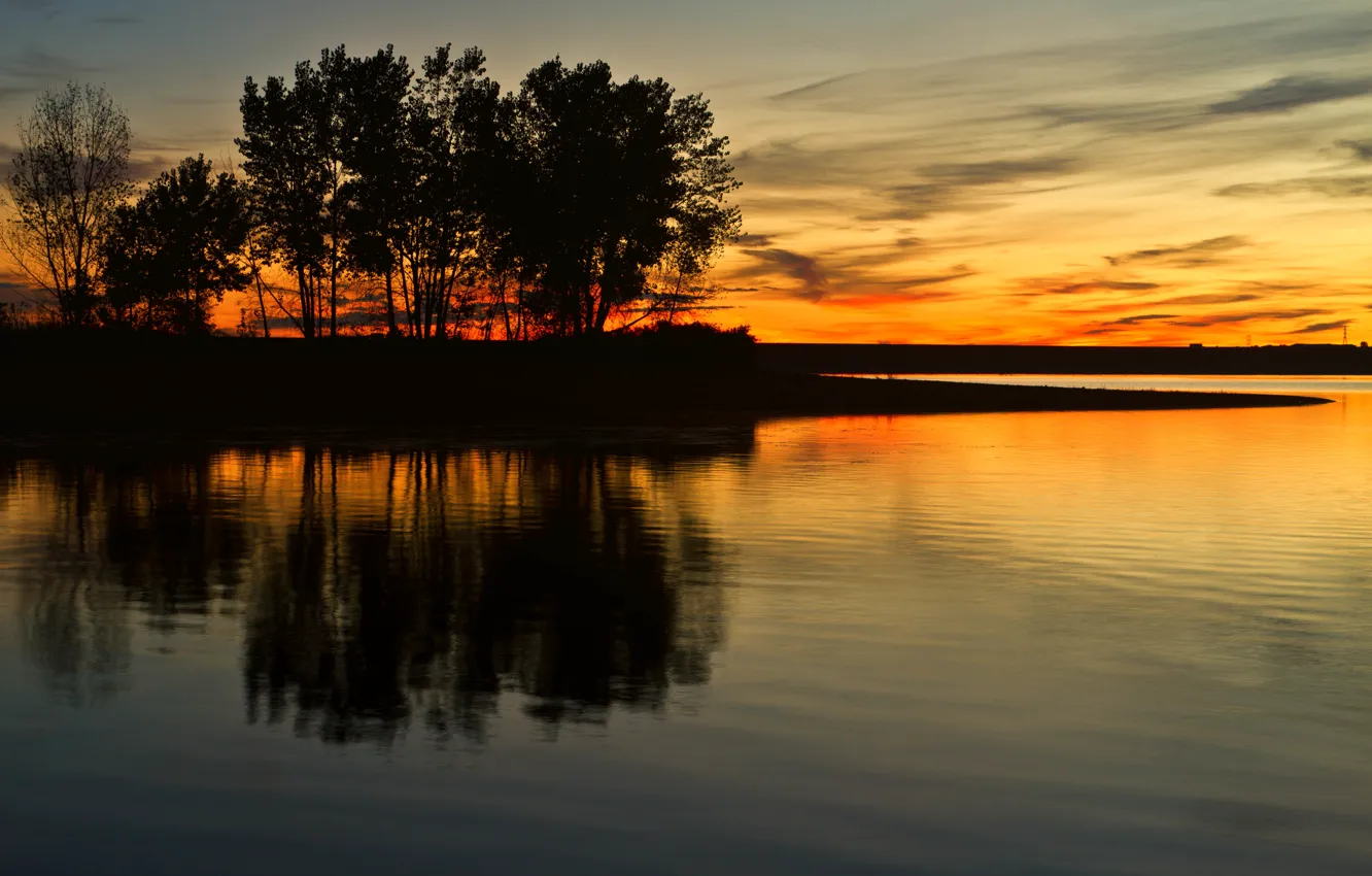 Photo wallpaper clouds, trees, lake, reflection, mirror, silhouette, twilight, orange sky