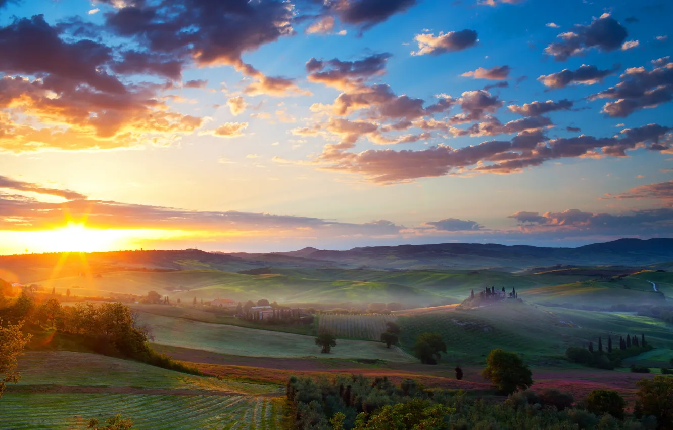Photo wallpaper field, landscape, sunset, valley