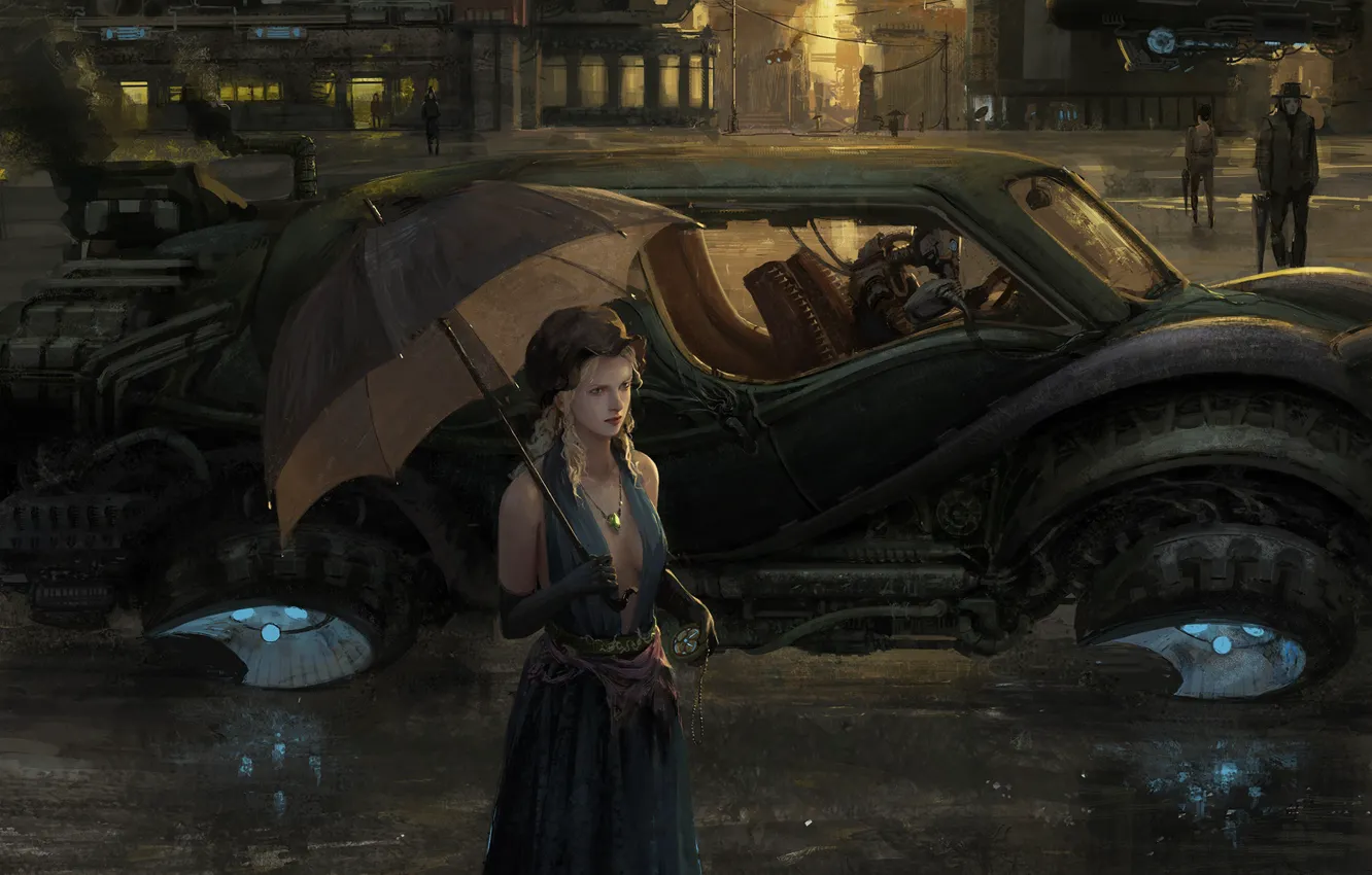 Photo wallpaper machine, girl, rain, street, umbrella, art, art, sci-fi
